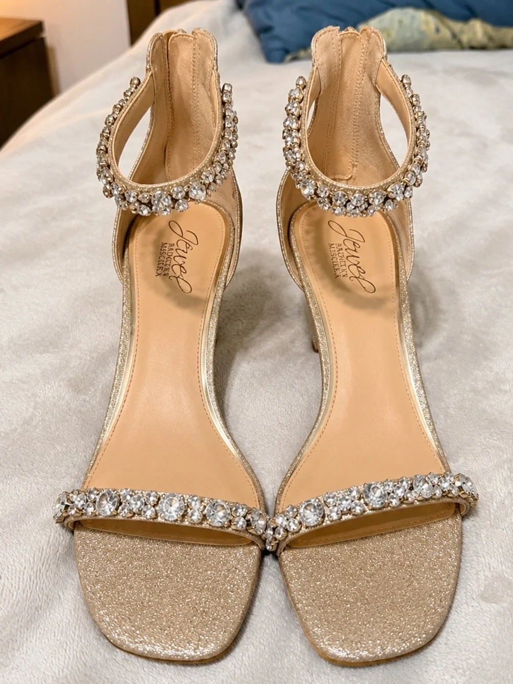 Badgley Mischka Crystal-Embellished Blush Satin Ankle-Strap Heels
